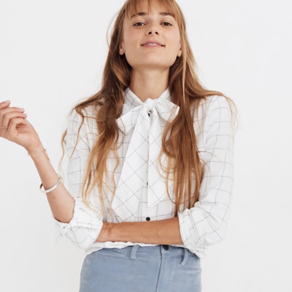 Madewell tie-neck flannel in windowpane plaid